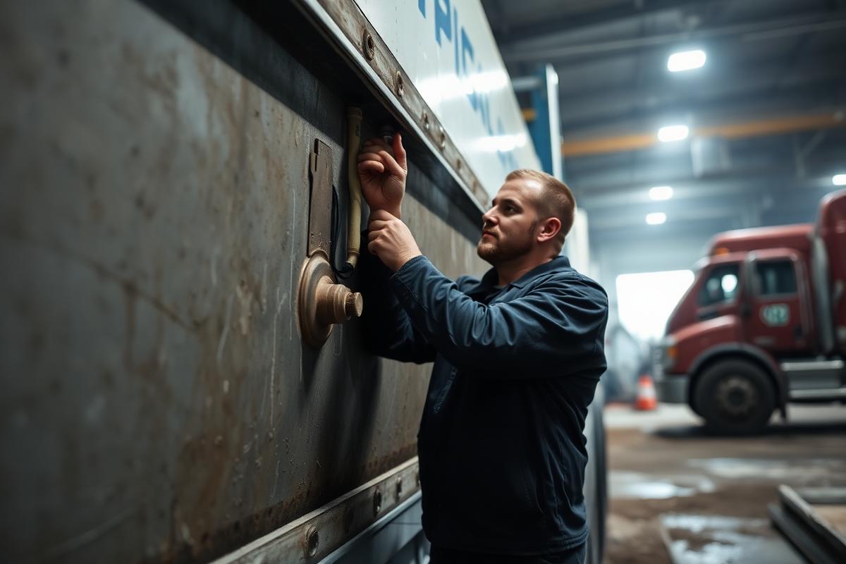 Technician installing a fuel level sensor on a truck fuel tank